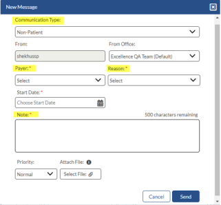 In the New Message window, fields display to define the new message, such as the communication type, which has been selected as Non-Patient in the image.